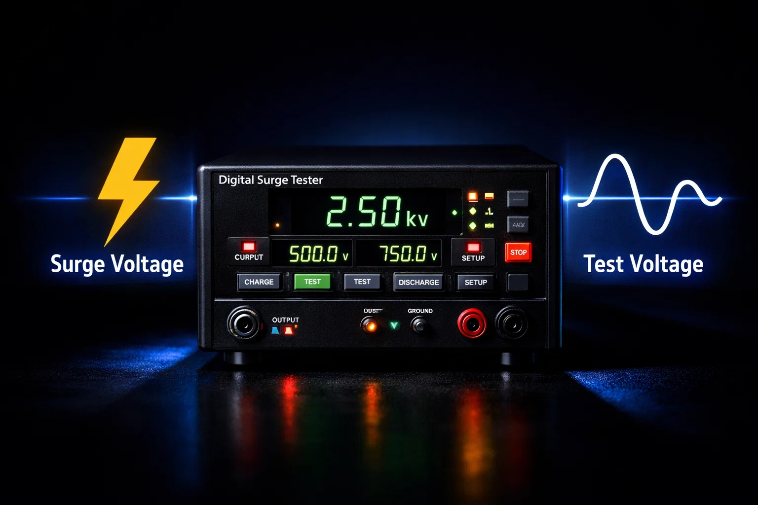 Digital surge tester illustrating the difference between surge voltage and test voltage with visual icons and instrument controls