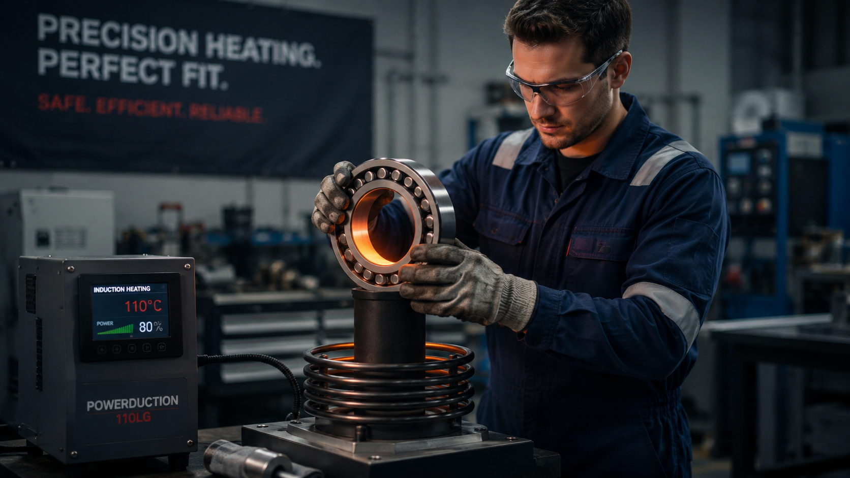 Industrial maintenance technician using induction heating to fit a steel bearing — safe, controlled, and precise bearing installation process