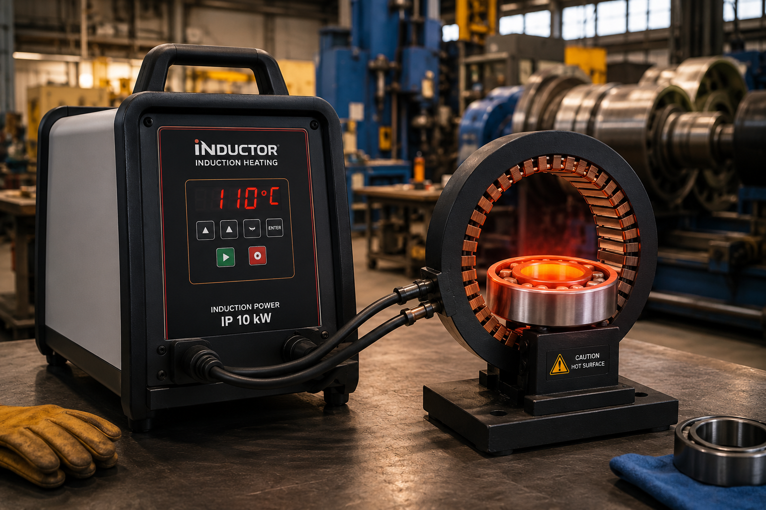 Industrial induction heater unit heating a steel bearing inside the coil ring in an industrial maintenance workshop