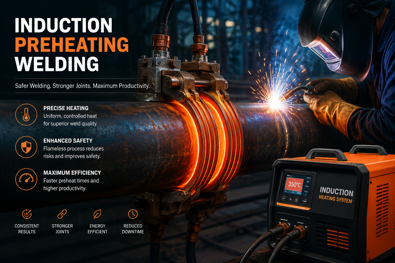 Induction preheating coil on steel pipe weld joint — Vivid Metrawatt system