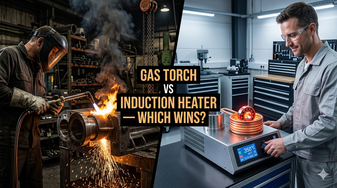 Side-by-side comparison of gas torch heating versus induction heater in an industrial workshop — showing flame and smoke on the left versus clean digital heating on the right
