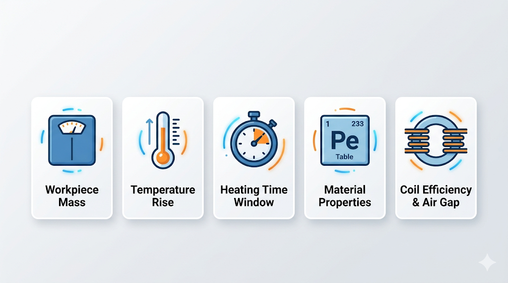 Infographic showing five key factors for selecting induction heater power rating — mass, temperature rise, heating time, material properties, and coil efficiency