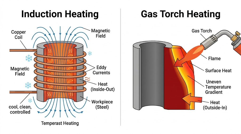 Dual technical diagram comparing how induction heating works from within versus how gas torch heating works from the outside surface of a steel component