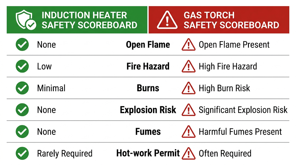 Safety comparison infographic between induction heater and gas torch — covering flame, fire hazard, burns, explosion risk, fumes, and hot-work permit requirements