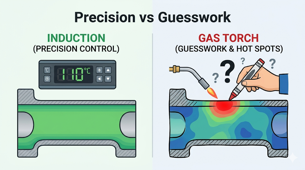 Comparison of induction heater precision digital temperature control at 110°C versus uneven manual gas torch heating with risk of hot spots