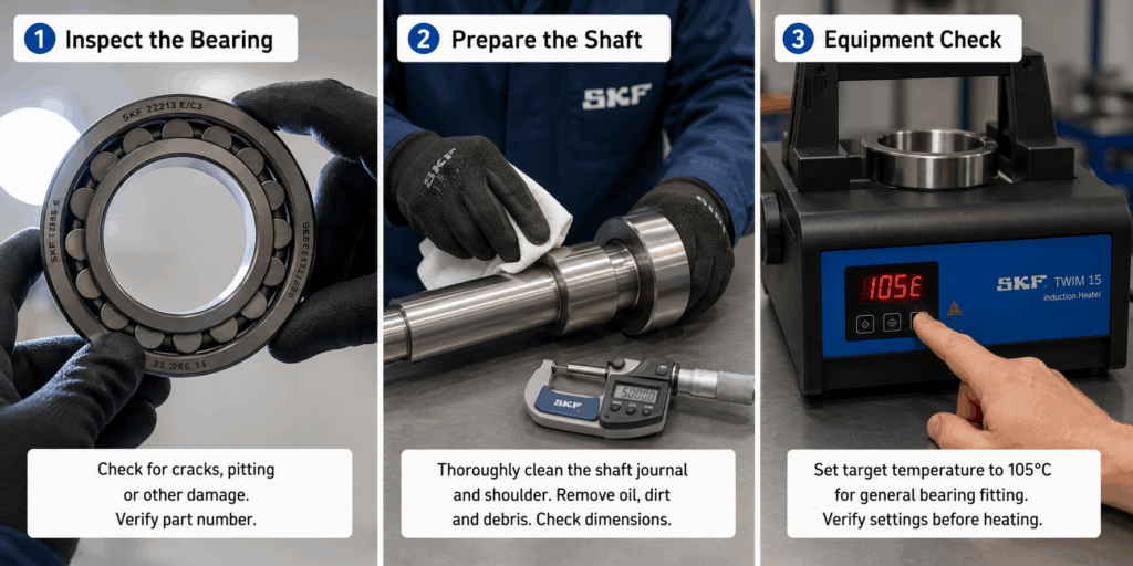 three-step pre-heating preparation for bearing induction fitting — inspecting the bearing, cleaning the shaft, and setting the target temperature on the induction heater