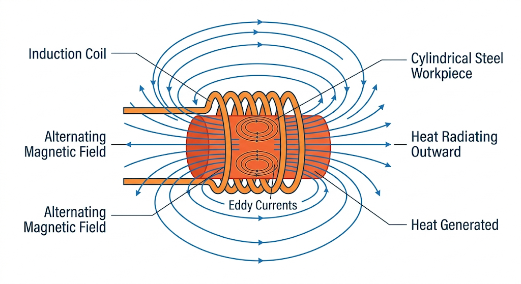 Technical diagram showing how induction heating works — copper coil, magnetic field, eddy currents, and heat generation inside a steel workpiece