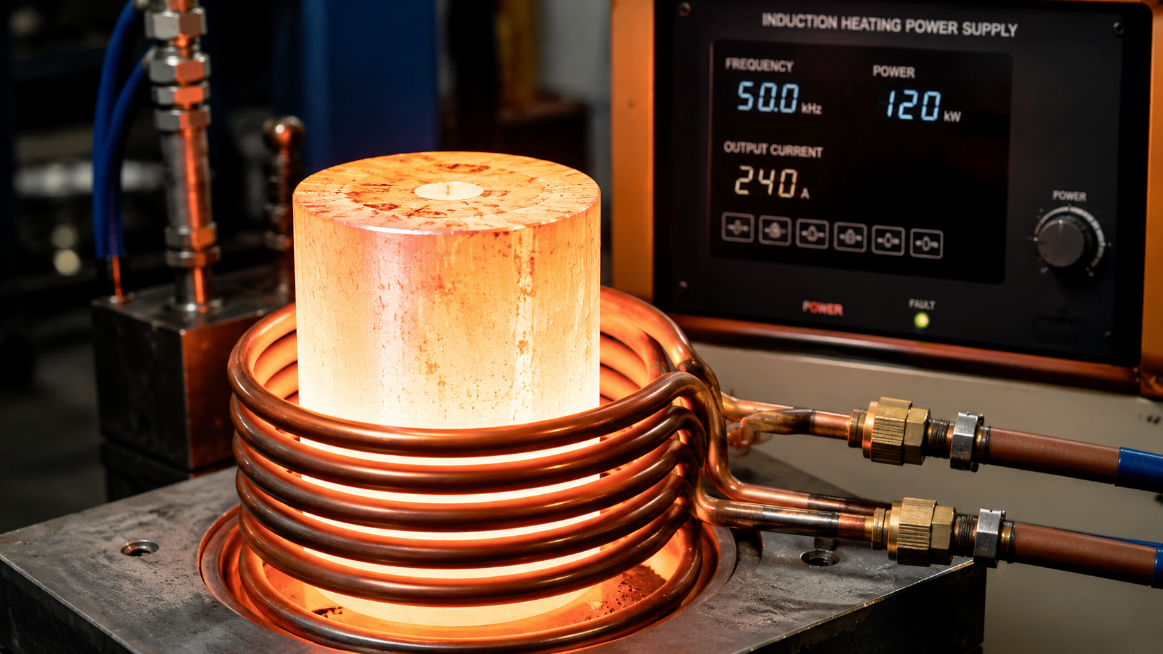 Aluminium billet glowing inside a copper induction heating coil during the induction heating process — Vivid Metrawatt induction heater for non-ferrous metal applications