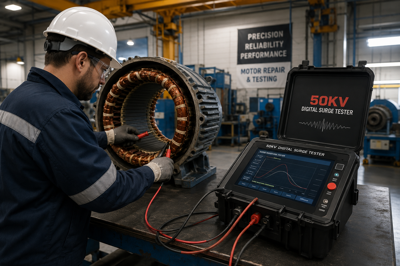 50KV digital surge tester connected to high-voltage motor stator for winding insulation