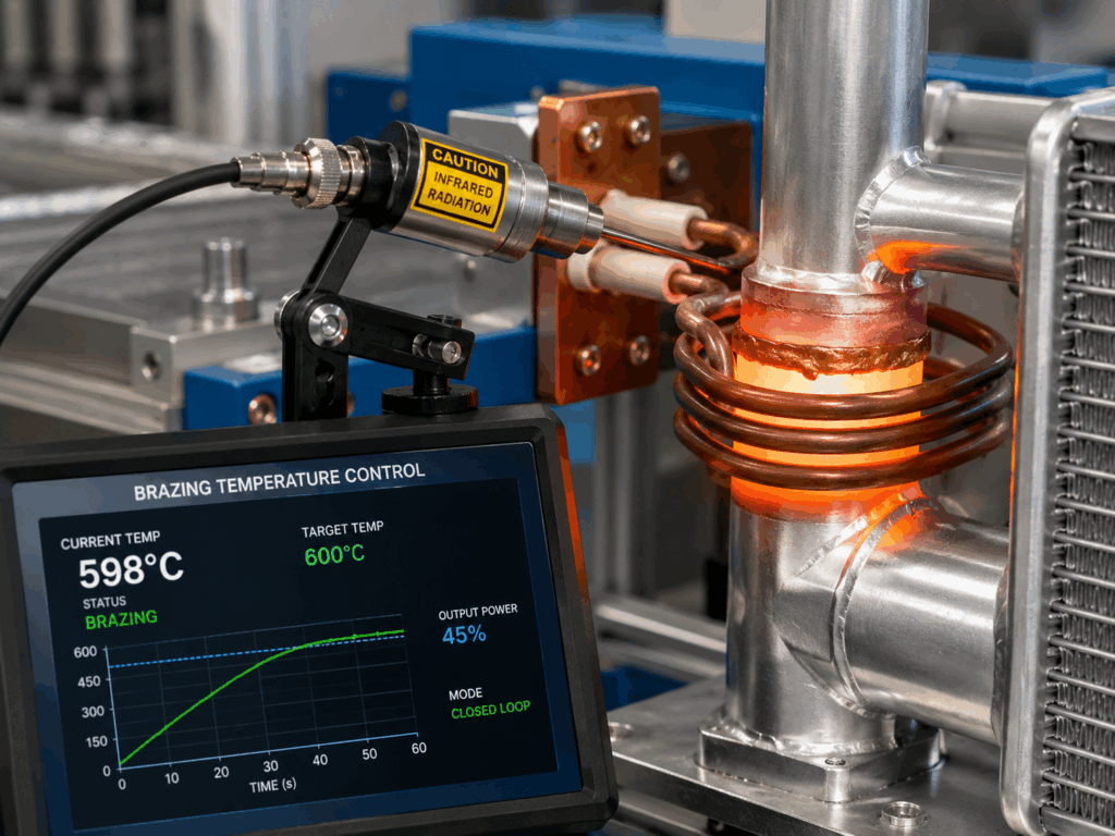 Induction brazing of an aluminium heat exchanger joint with infrared pyrometer closed-loop temperature control showing real-time temperature curve approaching target brazing temperature 