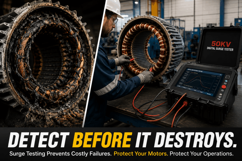 Comparison of motor winding failure vs early detection using 50KV surge tester