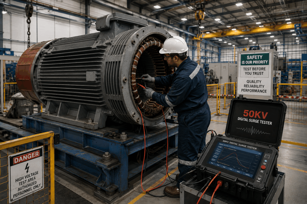 High-voltage motor repair workshop with 50KV surge tester setup for winding insulation testing