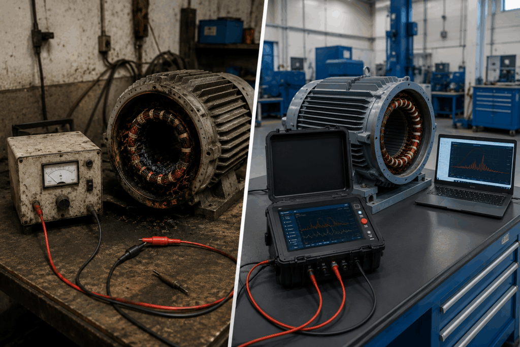 comparison of basic motor testing vs professional digital surge testing with Vivid Metrawatt