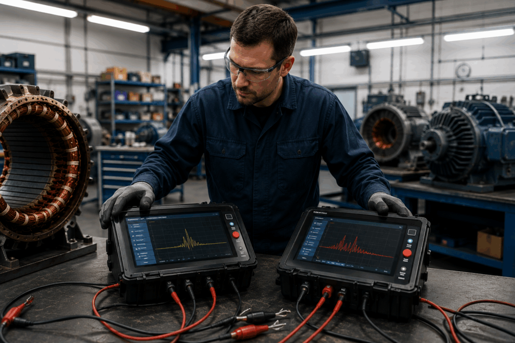 industrial technician comparing digital surge testers in a motor rewinding workshop