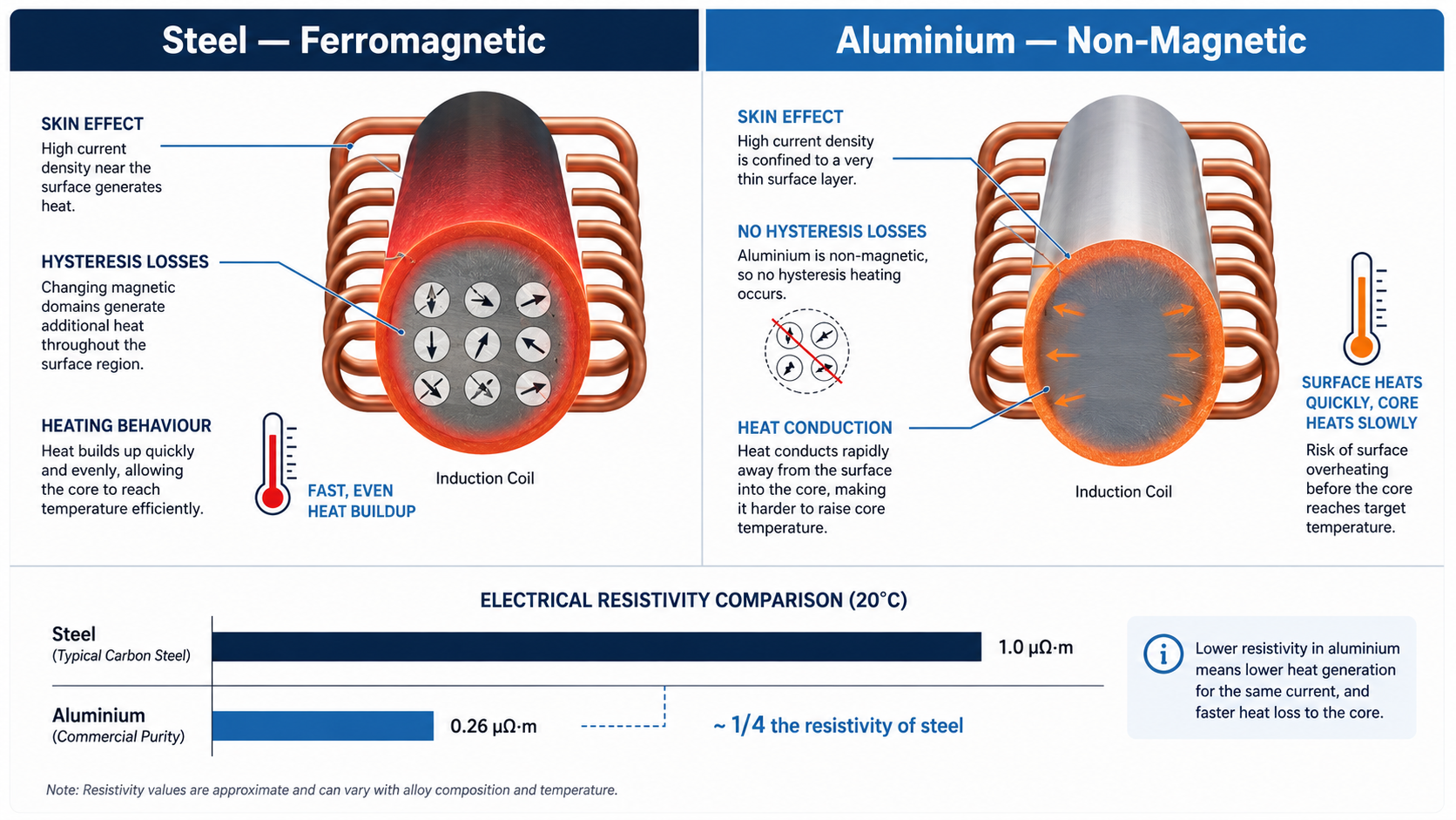 Technical comparison diagram showing how induction heating behaves differently in ferromagnetic steel versus non-magnetic aluminium — illustrating skin effect, hysteresis losses, and heat conduction differences between the two materials 