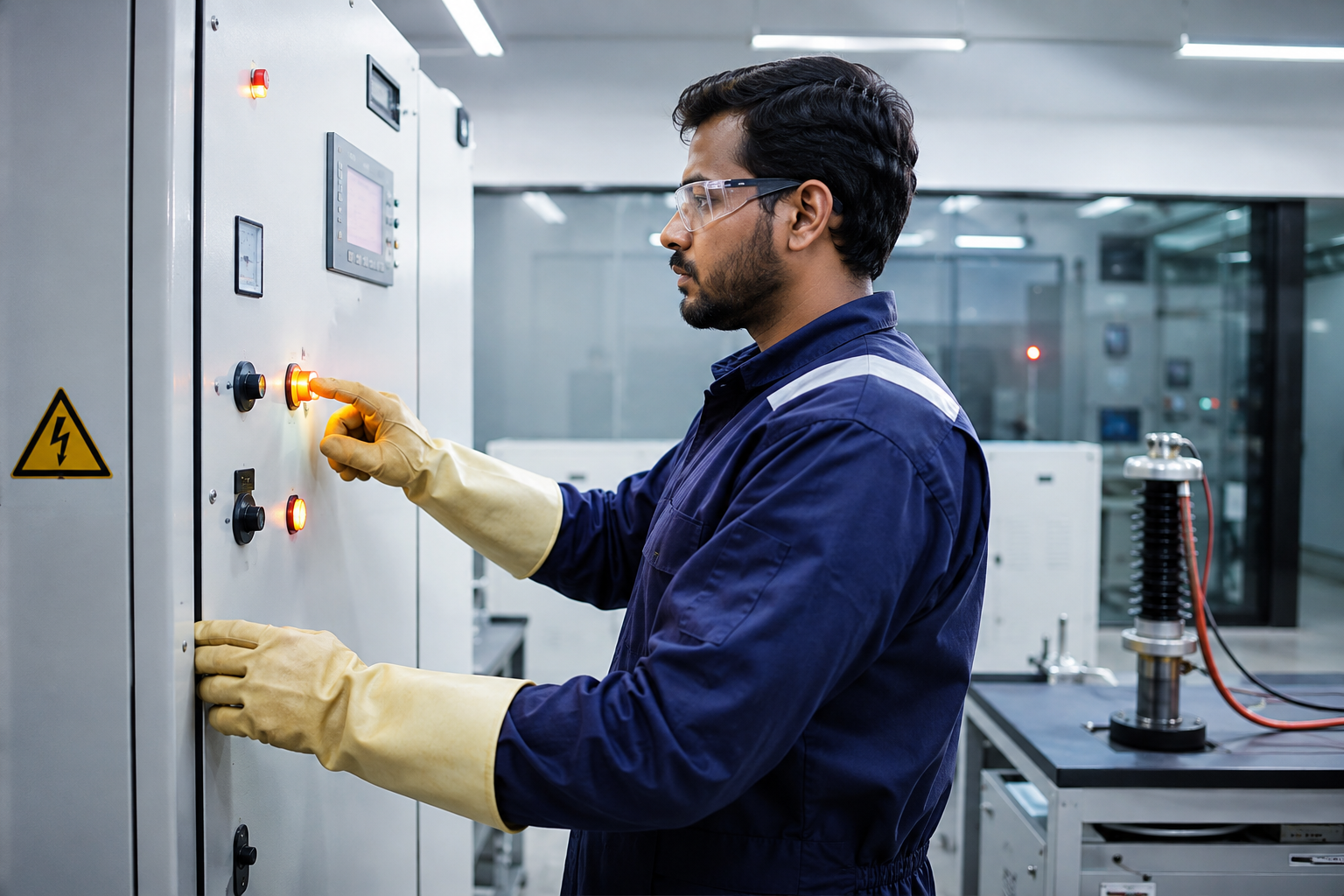 Technician safely operating high voltage test equipment with PPE
