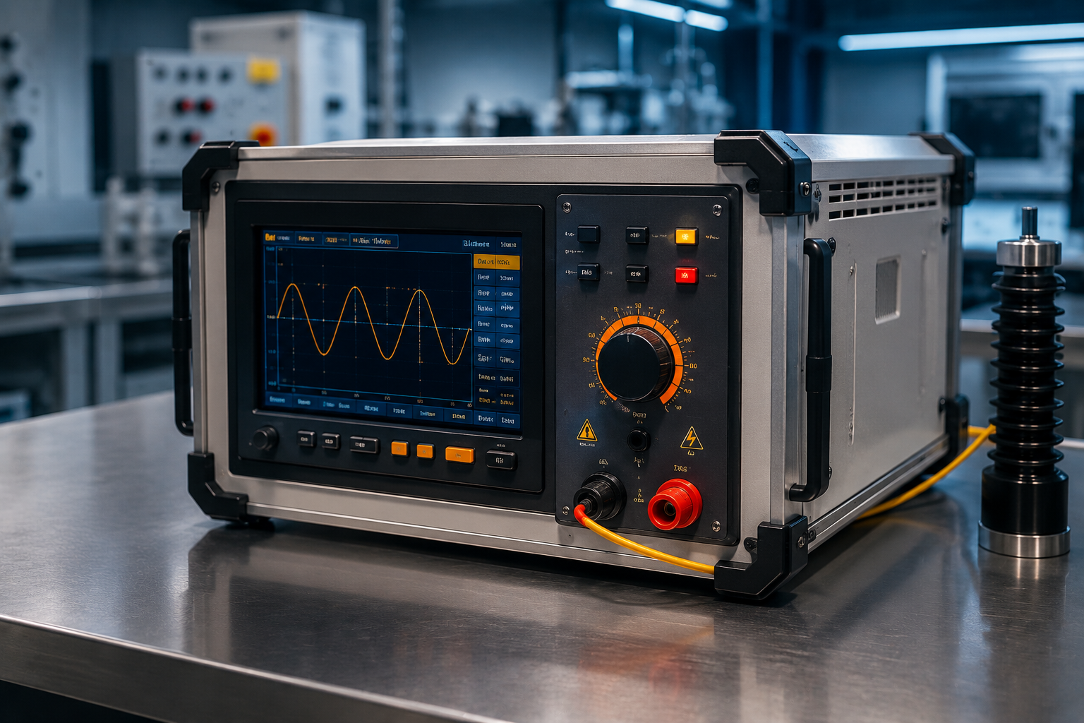 High voltage tester on a workbench in an industrial testing lab