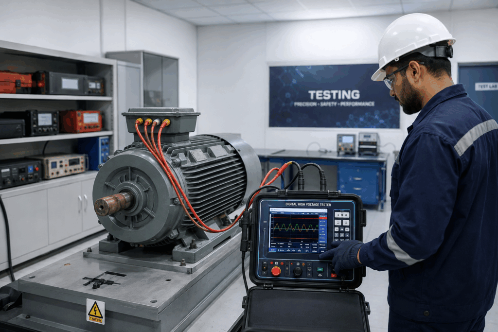Technician using a high voltage tester on an industrial motor in a testing lab