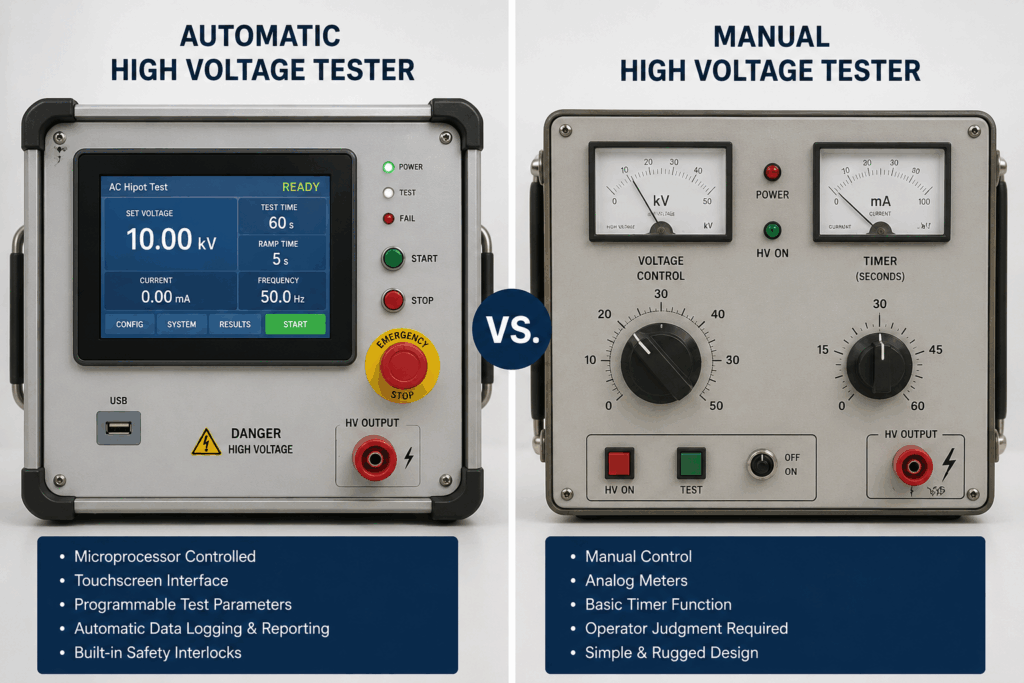 Automatic vs manual high voltage tester control panel comparison