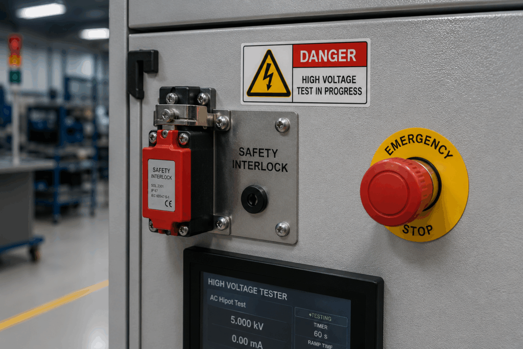 Safety interlock and emergency stop on a high voltage tester enclosure