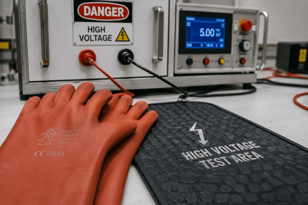 Insulated gloves and voltage-rated mat for high voltage test safety