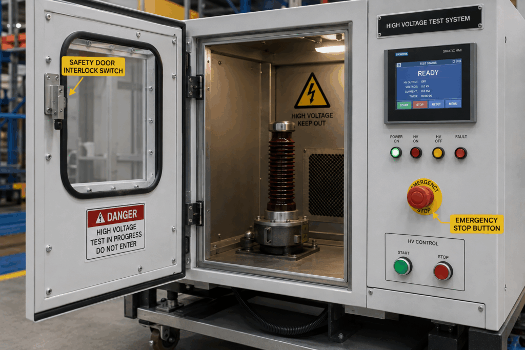 Interlocked enclosure and emergency stop on high voltage test equipment