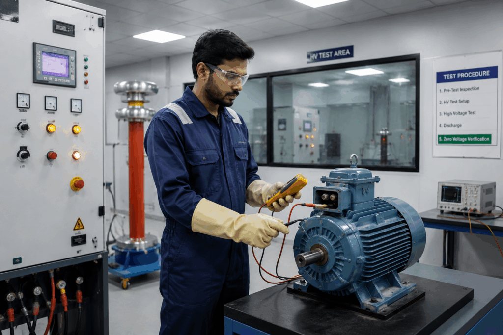 Technician verifying zero voltage after a high voltage test cycle