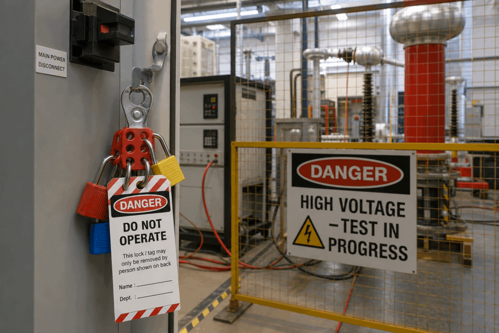 Lockout-tagout kit applied near high voltage test equipment
