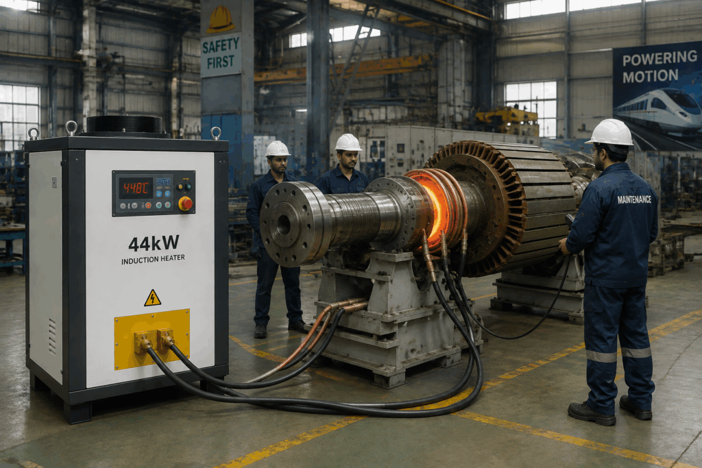 44kW induction heater processing a large rotor for railway application