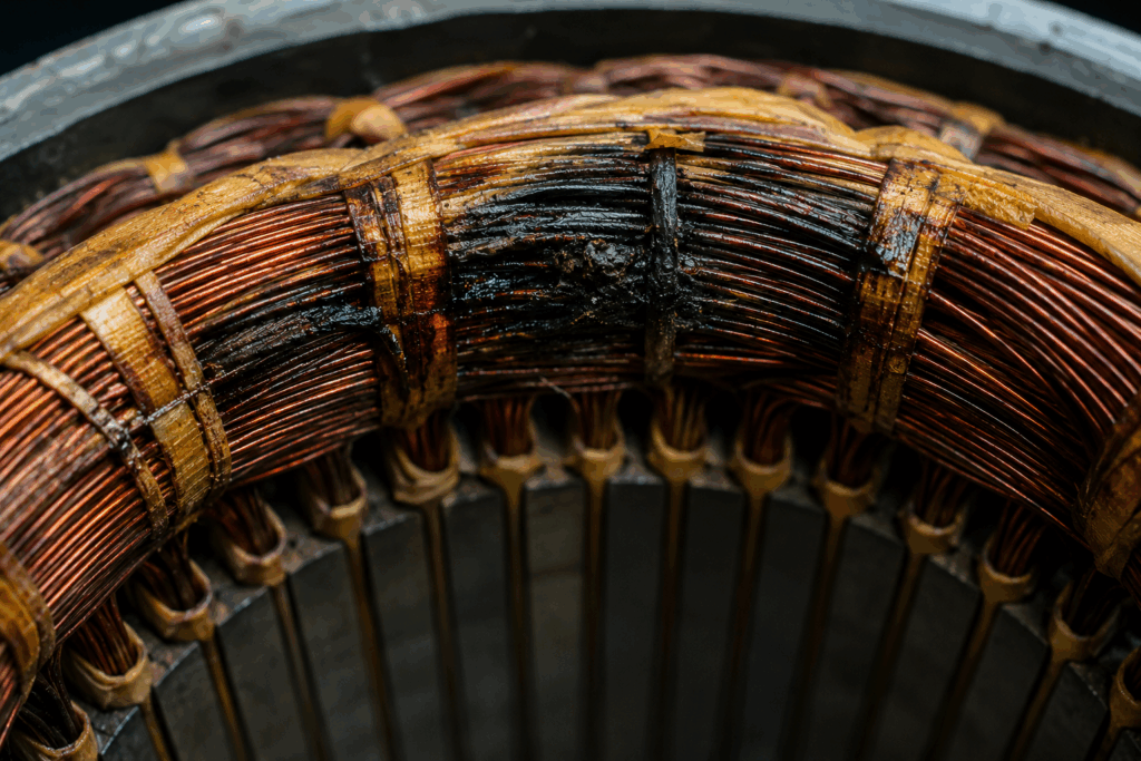 Burnt motor winding insulation caused by undetected turn-to-turn fault