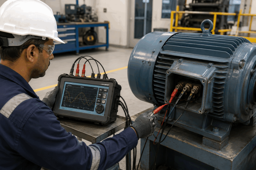 Technician performing a surge test on an industrial motor winding