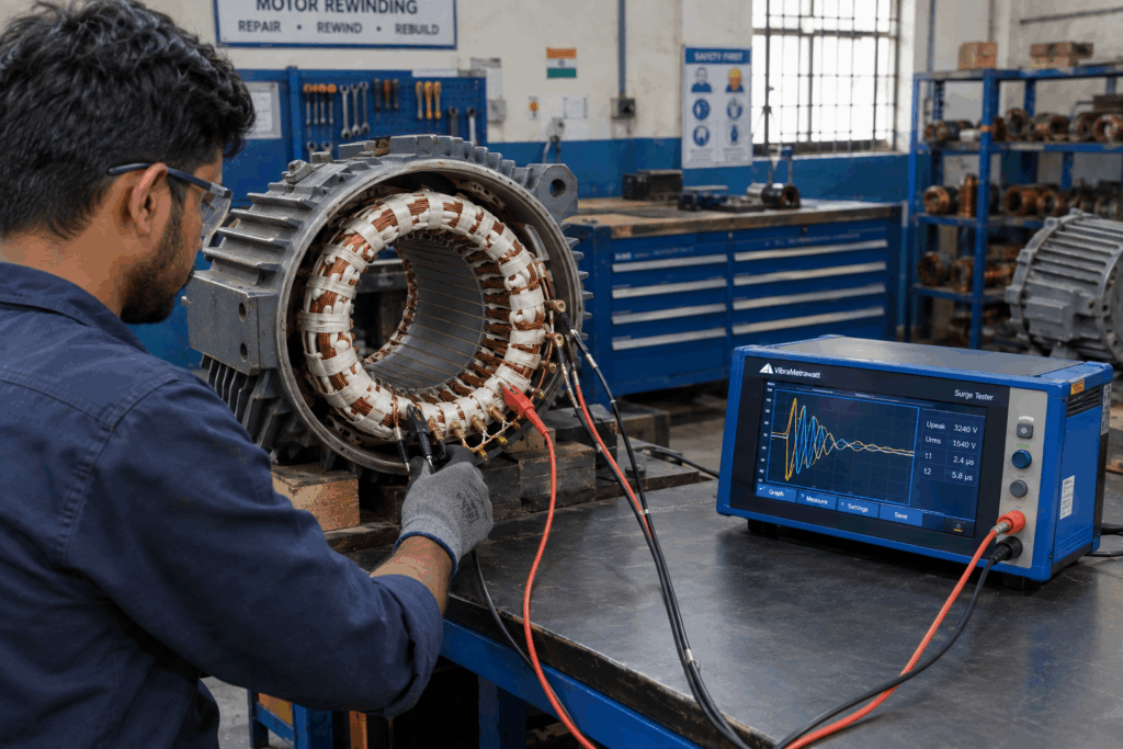 Mid-range digital surge tester testing a rewound motor stator in an Indian workshop