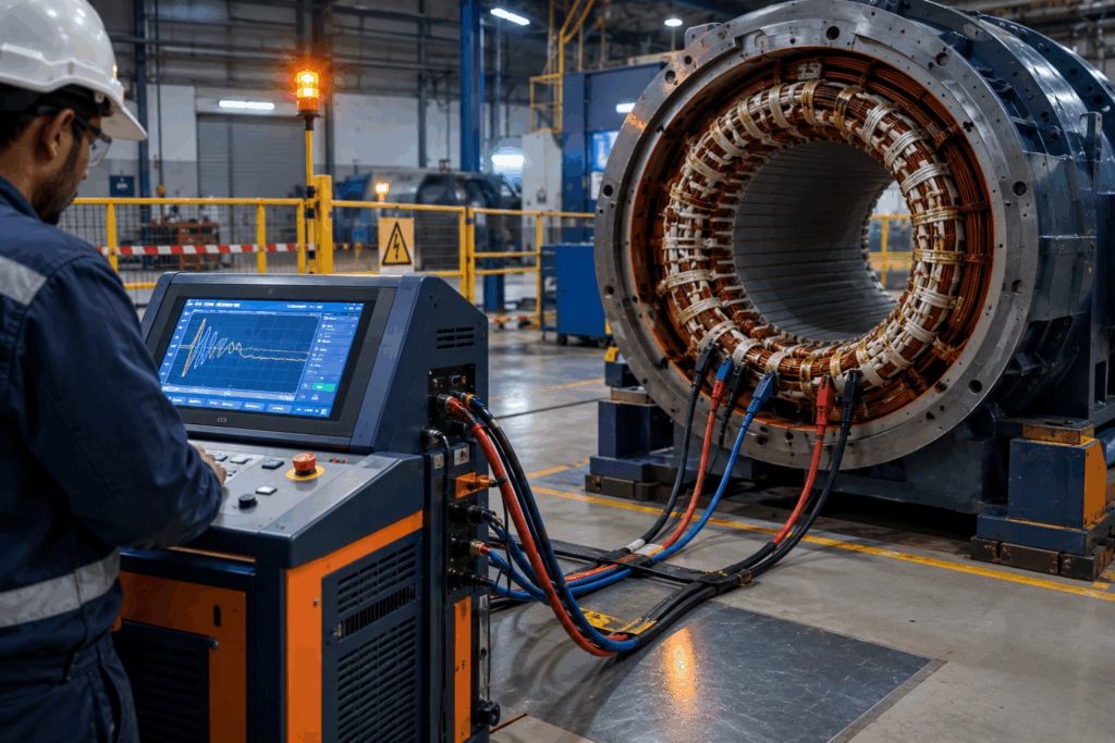 50 kV surge tester with DC Hi-Pot testing a large generator stator