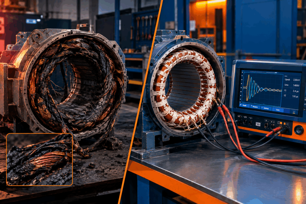 Surge tester ROI comparing failed motor winding versus tested healthy winding