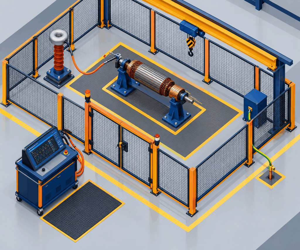 Railway workshop surge test bay layout with interlocked enclosure and earthing